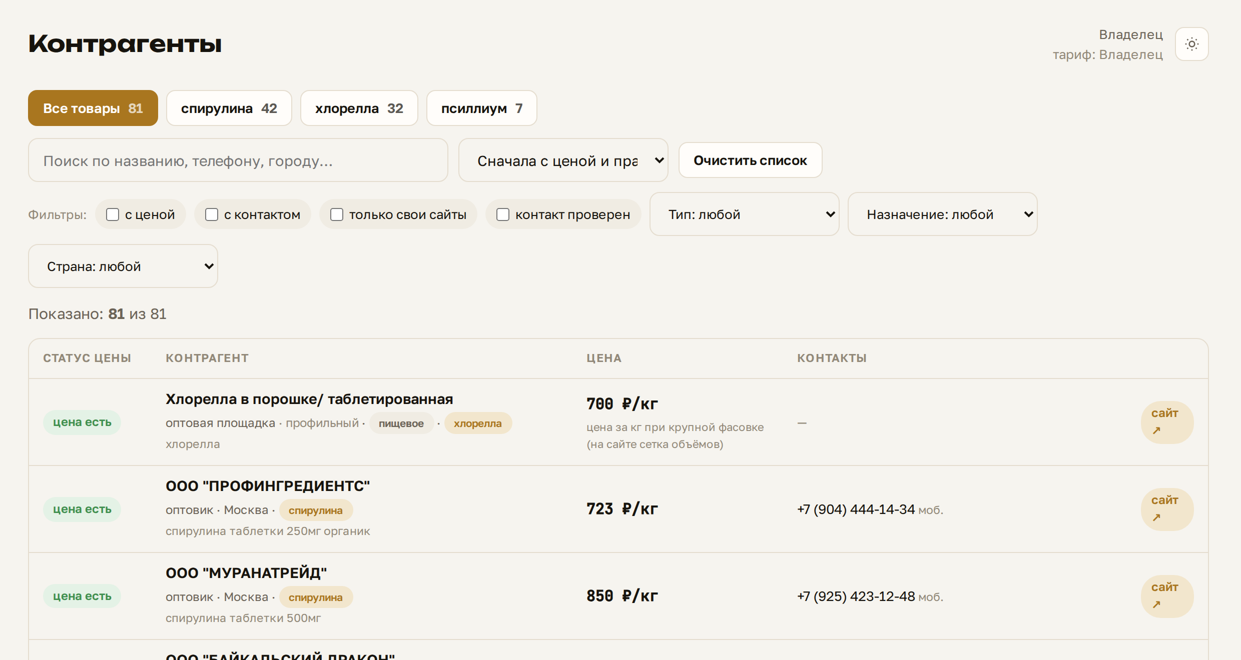 Список найденных контрагентов с ценами, типами и контактами